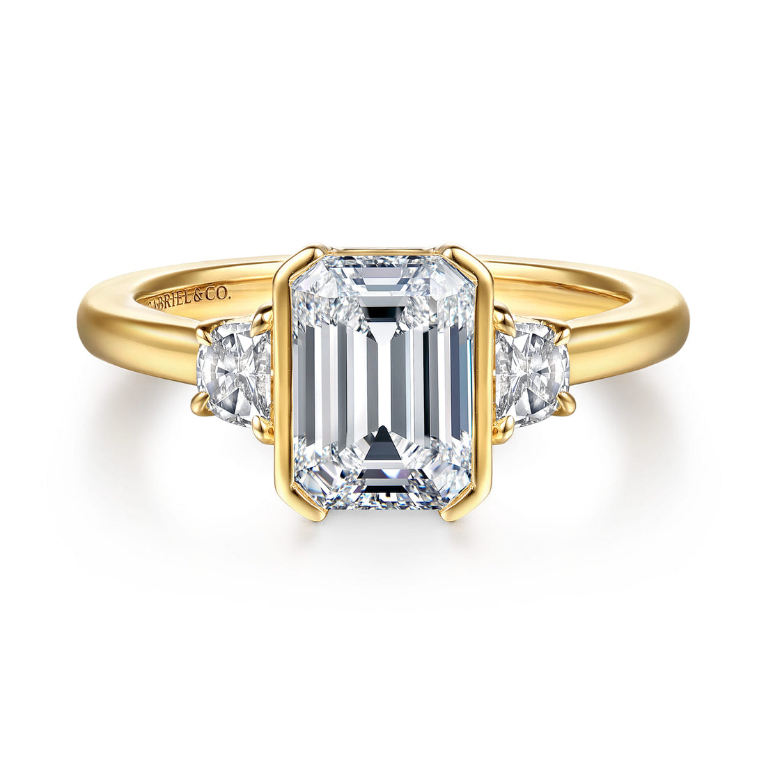Colleen - 14K Yellow Gold Half Bezel Emerald Cut Three Stone Diamond Engagement Ring