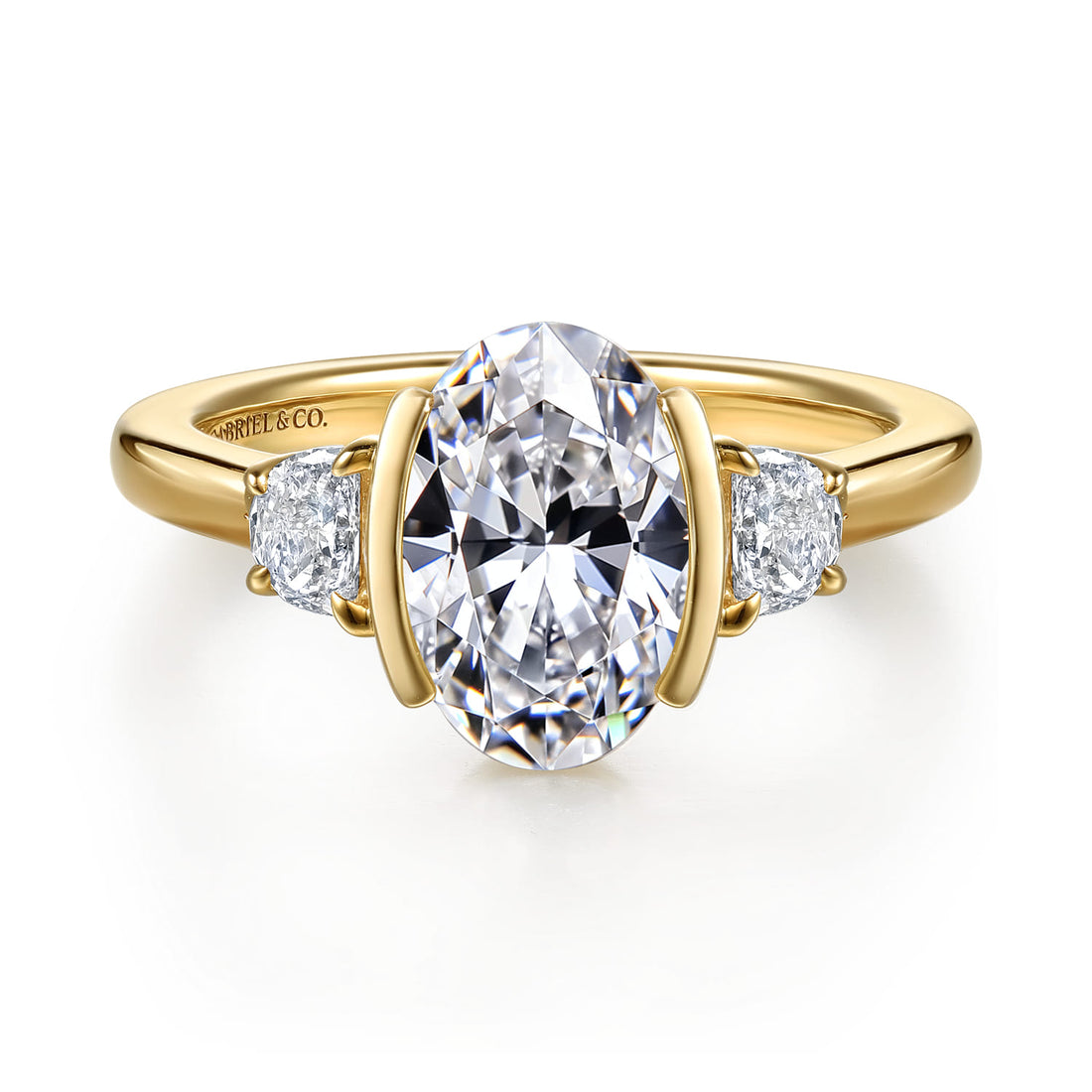 Colleen - 14K Yellow Gold Half Bezel Oval Three Stone Diamond Engagement Ring