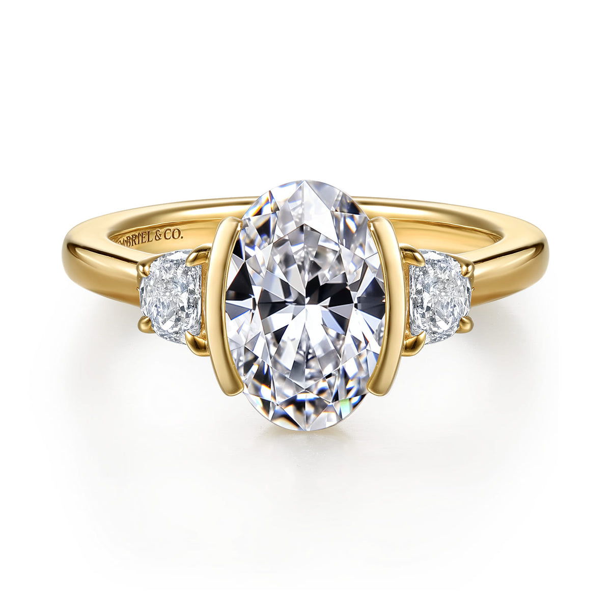 Colleen - 14K Yellow Gold Half Bezel Oval Three Stone Diamond Engagement Ring