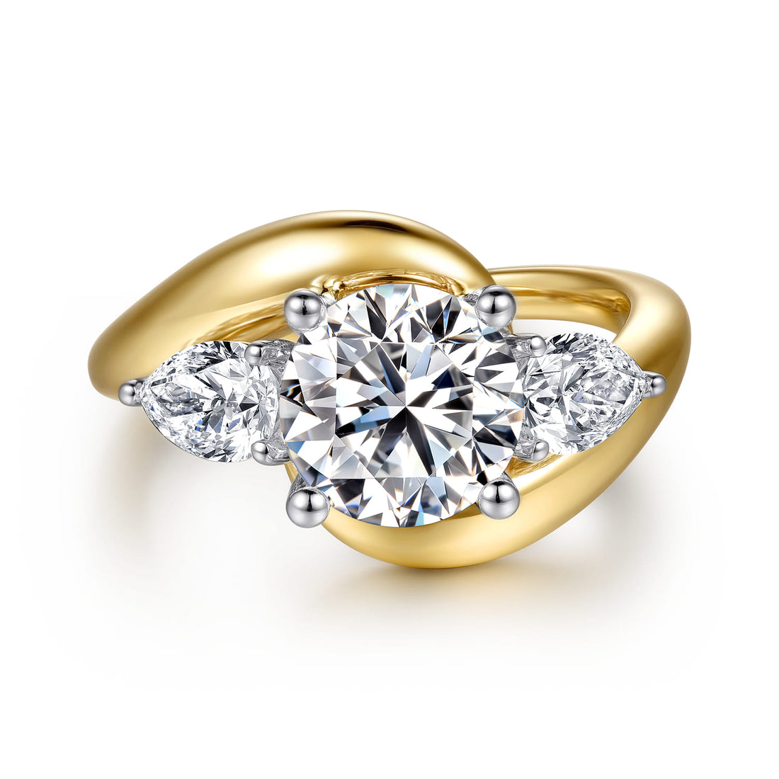 Beyond - 14K White-Yellow Gold Bypass Round Three Stone Diamond Engagement Ring