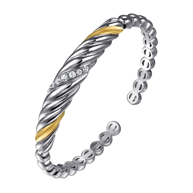 14K Yellow Gold and 925 Sterling Silver Bujukan White Sapphire Scallop Open Bangle