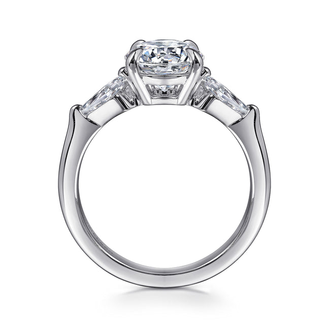 14K White Gold Round Three Stone Diamond Engagement Ring with Kite Side Stones