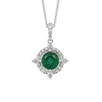 14K Gold White Pendant Diamond & Emerald