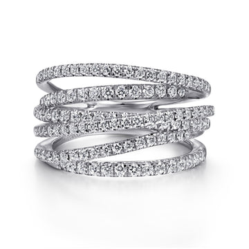 14k White Gold Layered Criss Crossing Wide Band Diamond Ring