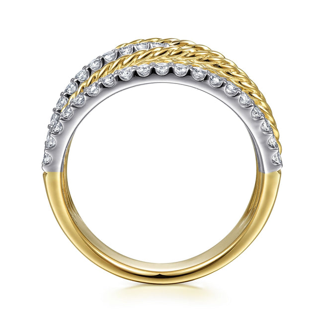 14K White-Yellow Gold Twisted Rope and Diamond Multi Row Ring