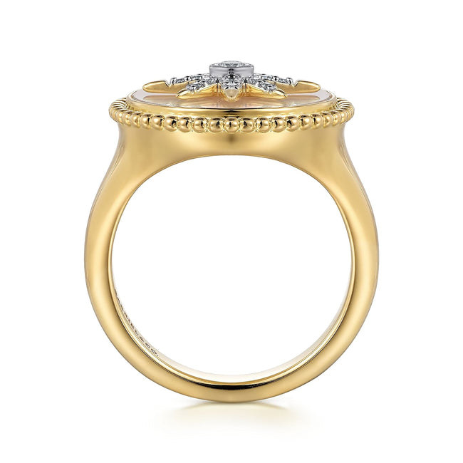 14K Yellow Gold Mother of Pearl Inlay and Diamond Starburst Signet Ring