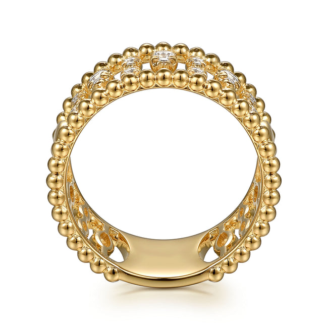 14K Yellow Gold Diamond and Bujukan Beads Wide Band Ring