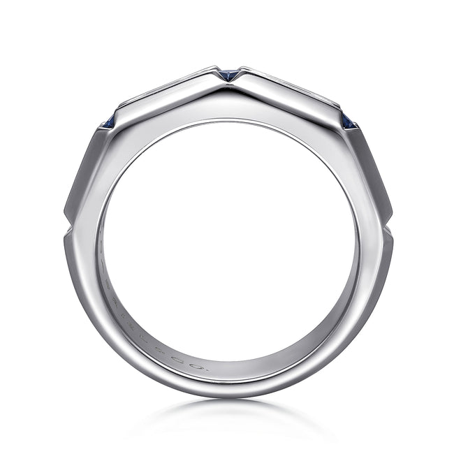 925 Sterling Silver Ring with Princess Cut Sapphire B quality Stations in Horizontal Brush Finish