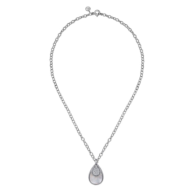 925 Sterling Silver Bujukan White Sapphire and White Mother of Pearl Teardrop Pendant Necklace