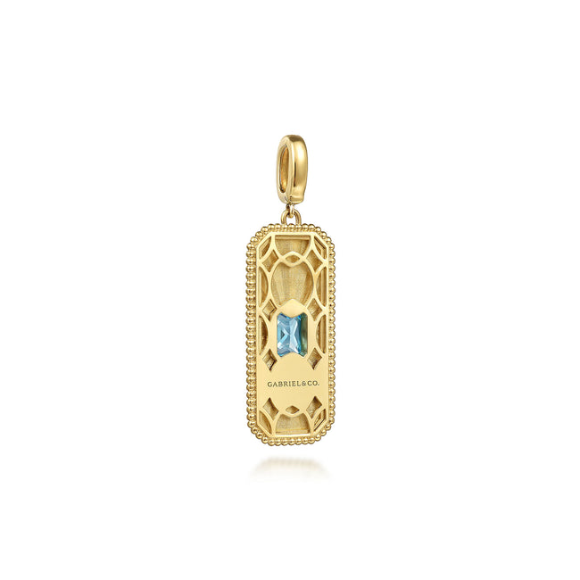 14K Yellow Gold Blue Topaz Bujukan Diamond Cut Medallion Pendant