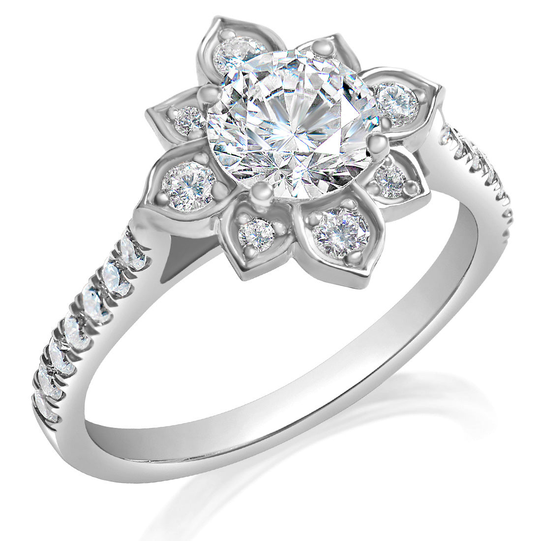 Round Diamond Flower Petal Halo Engagement Ring