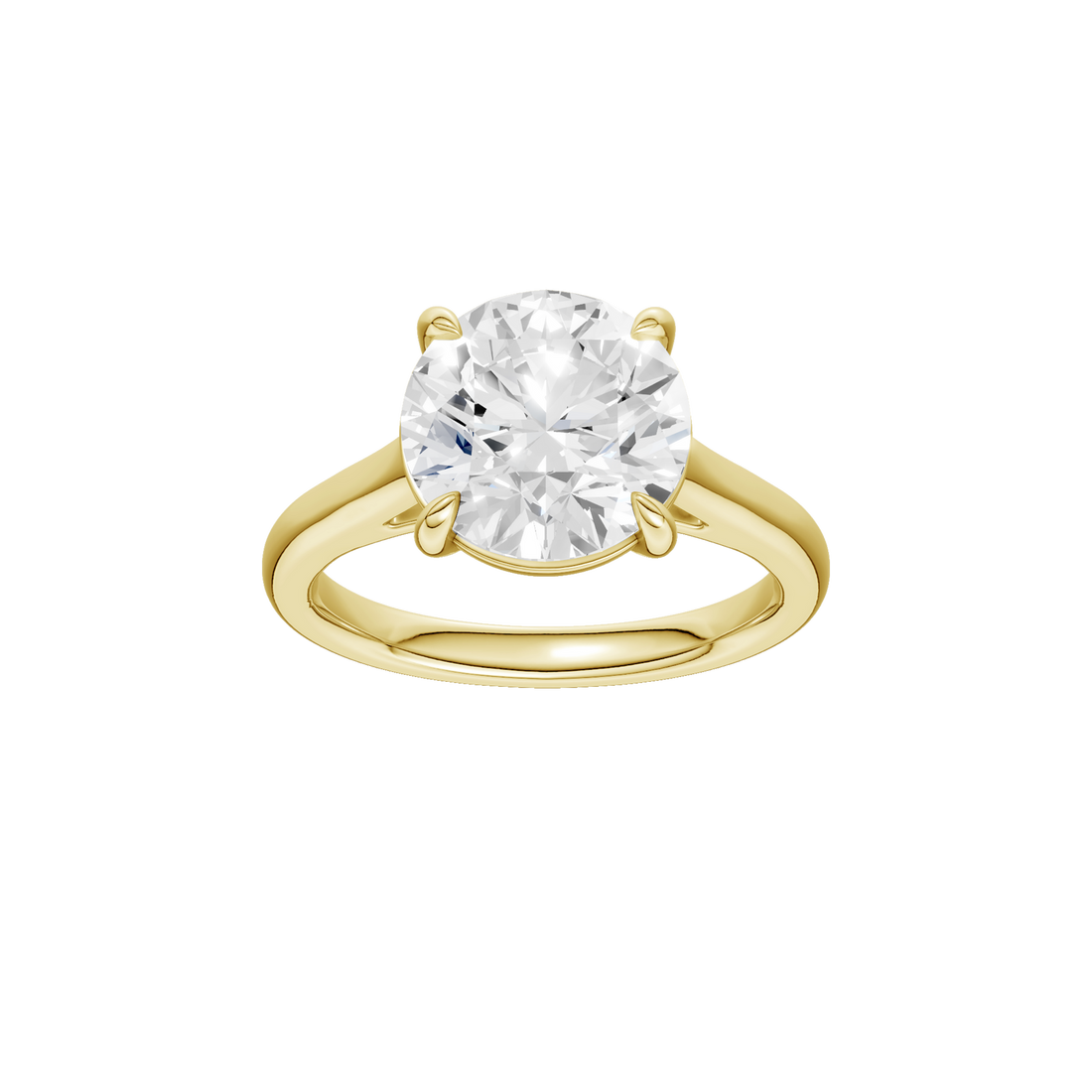 A classic solitaire engagement ring featuring a round brilliant-cut clear gemstone in a four-prong setting on a polished yellow gold band, isolated on a solid white background.