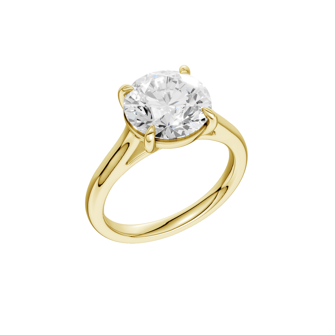 A classic solitaire engagement ring featuring a round brilliant-cut clear gemstone in a four-prong setting on a polished yellow gold band, isolated on a solid white background.