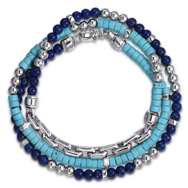 925 Sterling Silver Turquoise Cylinder Beads and Round Lapis and White Sapphire with Link Chain Bracelet