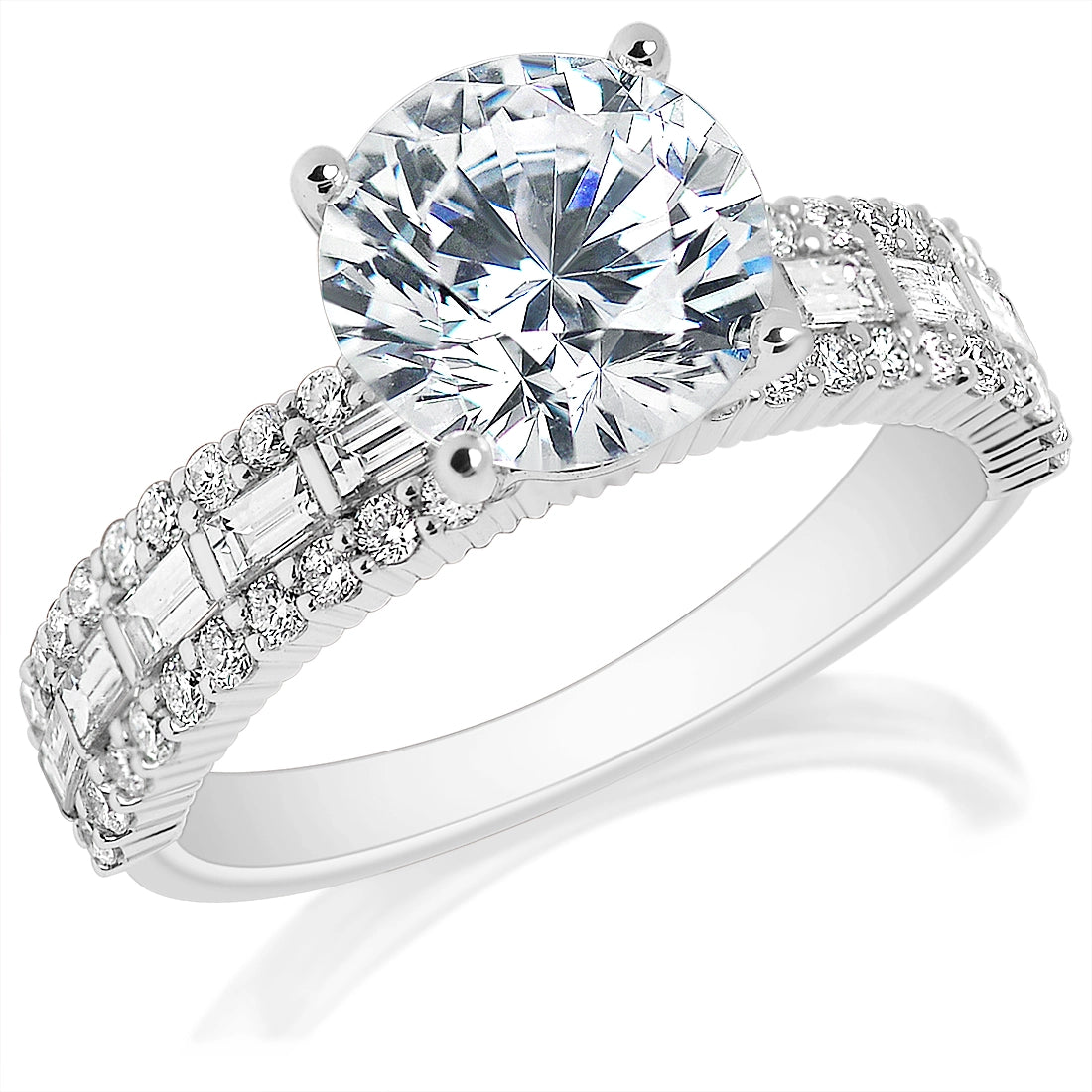 Round Diamond Triple Band Baguette Band Engagement Ring