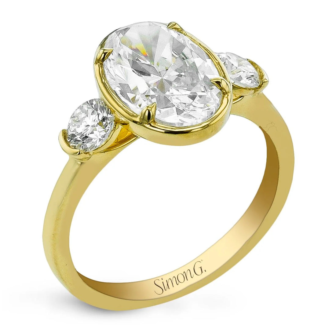 18K Gold Oval-Cut Three-Stone Bezel & Prong Engagement Ring