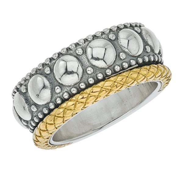 Wide 925 Sterling Silver beaded ring with 18K gold Traversa band