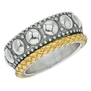 Wide 925 Sterling Silver beaded ring with 18K gold Traversa band